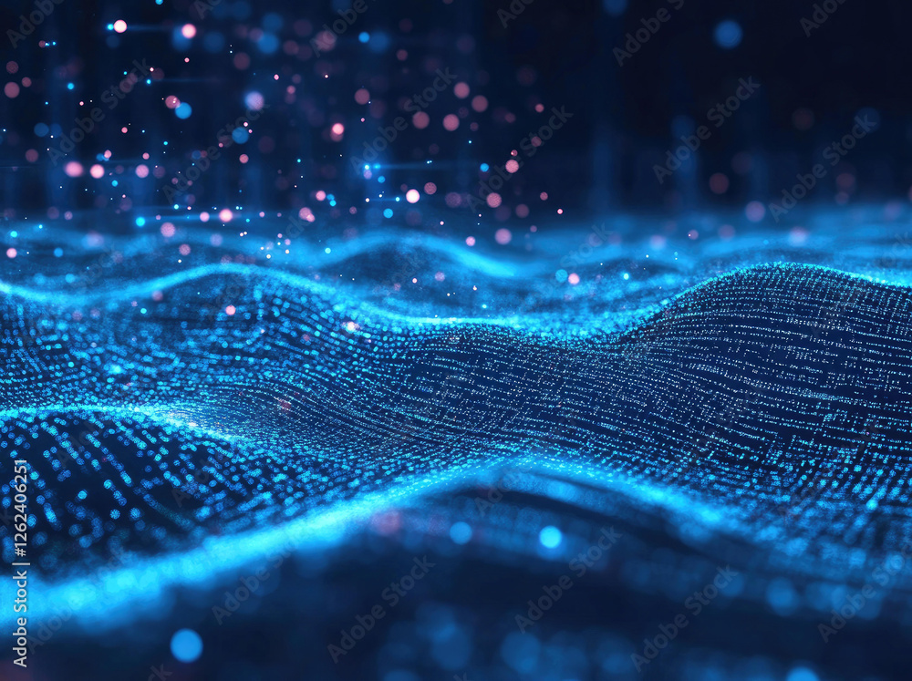 Poster abstract blue digital wave data flow background with glowing particles