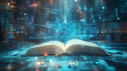Glowing page of the open book with digital data theme background, symbolizing effective learning on modern times. 
