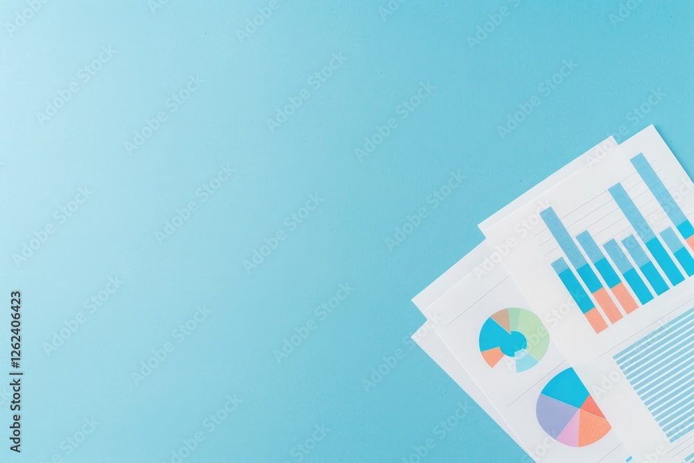 Poster a collection of colorful charts and graphs on documents against a light blue background, representin