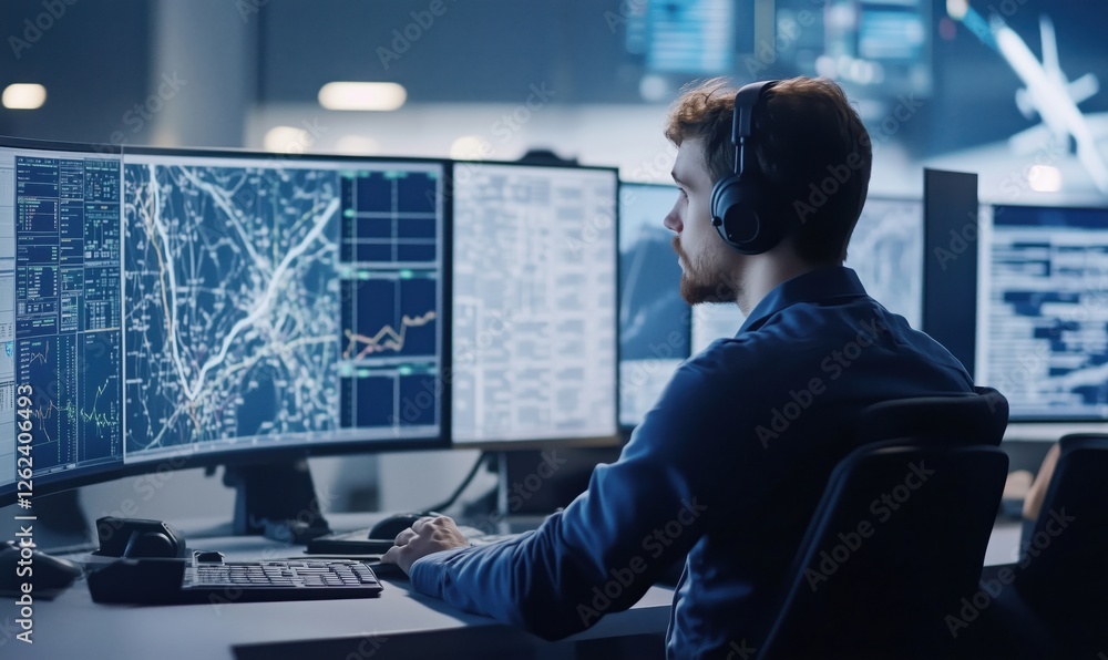 Poster data analyst working with multiple monitors in a high-tech office environment