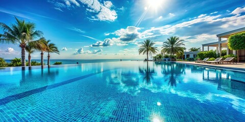 Fototapeta premium Serene Blue Pool at Luxury Resort: Empty Space for Text, Soft Sky