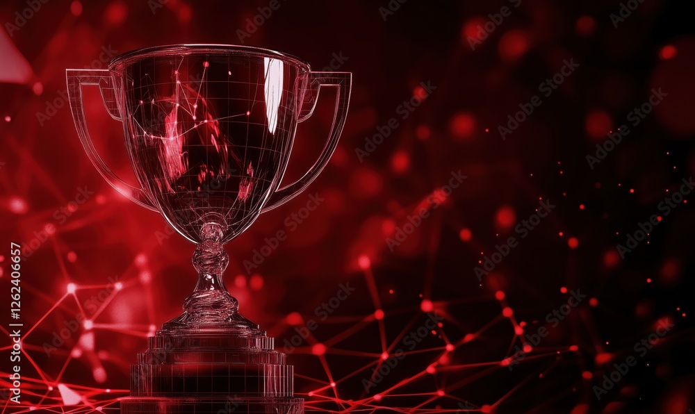 Poster 3d trophy design with glowing red background and abstract network patterns