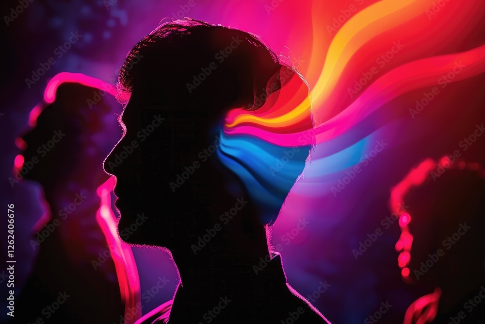 Poster a vibrant silhouette of a person with colorful waves emanating from their head, creating a dynamic a