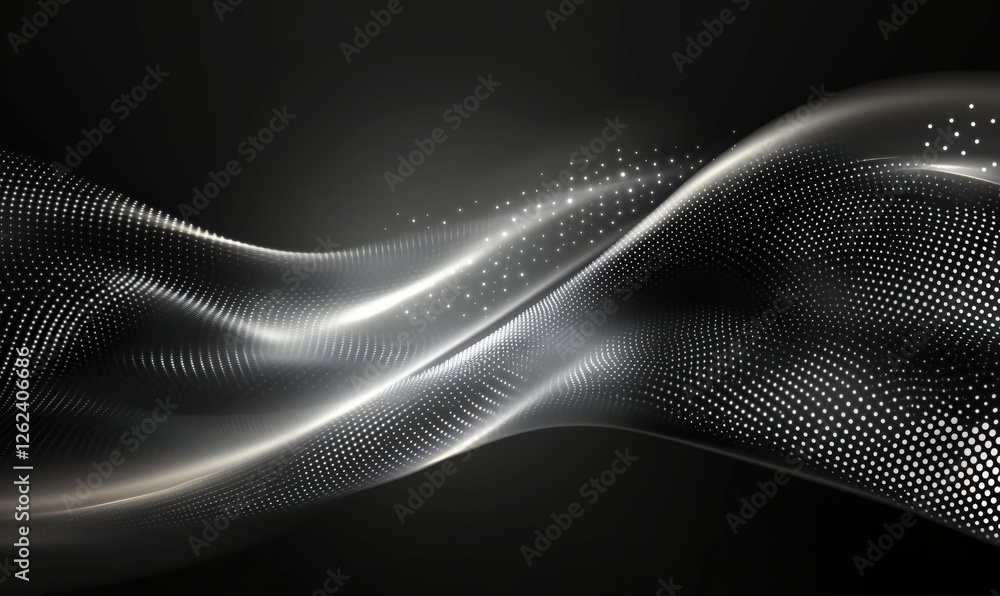 Poster abstract wave pattern with glowing dots and smooth curves on dark background