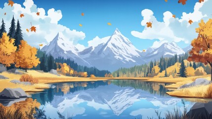 Obraz premium Serene Autumn Lake Reflecting Majestic Snowy Mountains Tranquil Fall Landscape Scenery