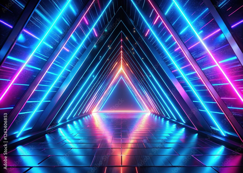 Poster vibrant neon triangular arch: abstract 3d render of glowing lines and virtual reality