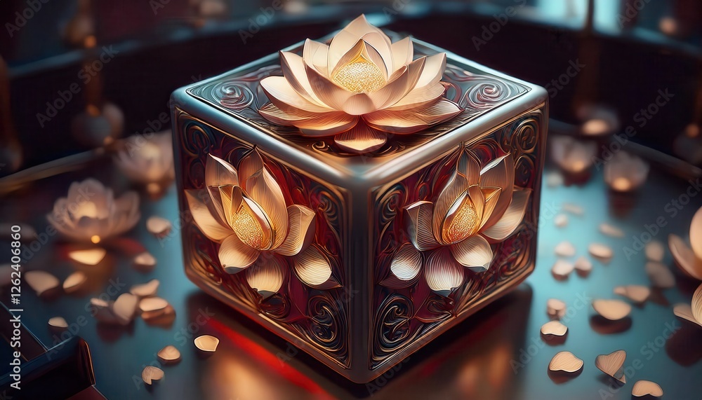 Poster firefly cube featuring intricately designed lotus flowers illuminated in a serene setting