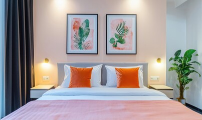 Modern bedroom design with tropical artwork and vibrant orange accents