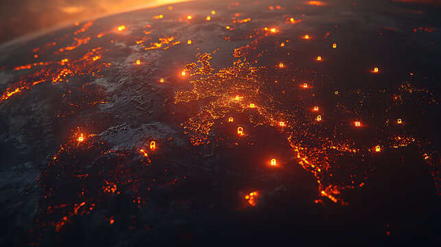 A fiery, abstract depiction of global cybersecurity.