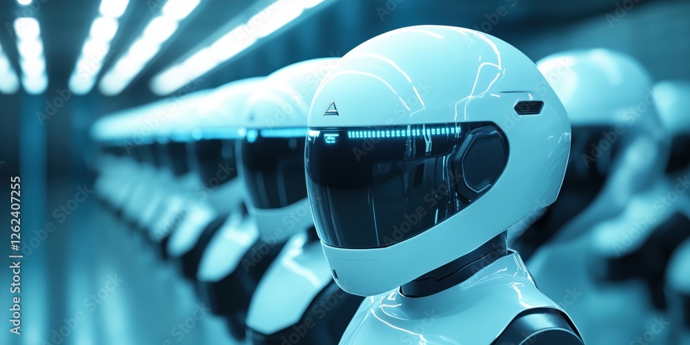 Poster futuristic humanoid robots with sleek design and illuminated visors in a high-tech environment