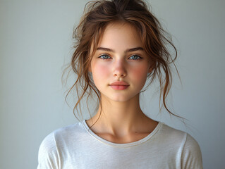 Teenage girl dark wavy hair soft t-shirt gentle expression natural beauty close up portrait artistic photography 16 year old,gaze, pose,warm,messy,focus,dark,mockup,cute,woman,clean,minimal,fresh