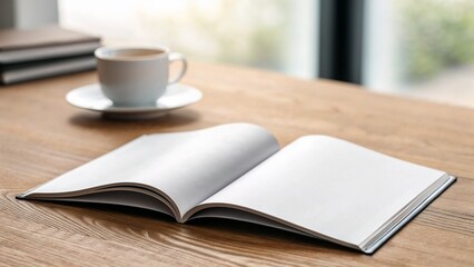 Fototapeta premium Modern magazine mockup on wooden desk, clean design mood, showcasing layout, soft natural lighting