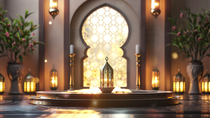 Islamic display podium decoration background with mosque window door, ramadan kareem, mawlid, iftar, isra miraj, eid al fitr adha, muharram, 3D illustration.