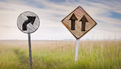 Scribble drawing of a two way street sign amidst tall grass in a sunny meadow