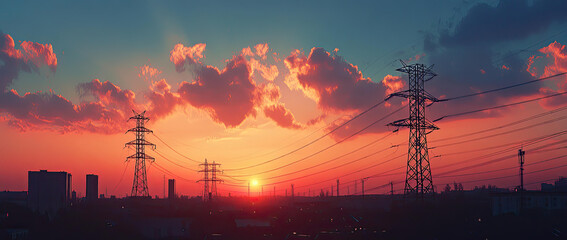 Fototapeta premium Stunning Sunset Cityscape with Silhouetted Power Lines and Vibrant Clouds