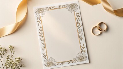 Flat-lay wedding program mockup with sophisticated floral border, elegant styling with rings and ribbon, golden-hour lighting