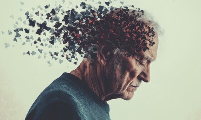 Elderly man with fragmented mind representing memory loss and cognitive decline