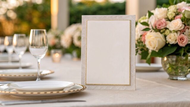 Stylish wedding program mockup on elegant table setting, highlighting delicate design, soft natural lighting