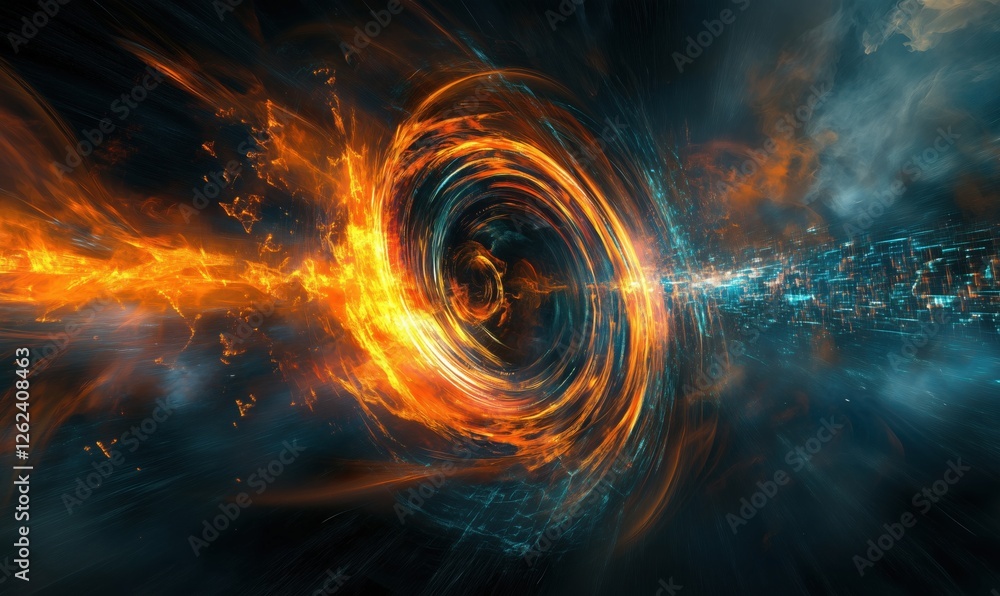 Poster vivid cosmic vortex with fiery and digital elements creating a stunning visual effect