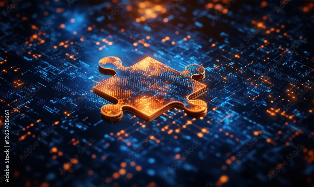 Poster puzzle piece on digital circuit background representing technology and innovation