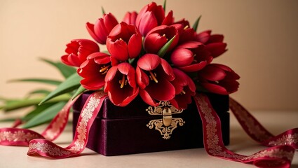 Lavish Red Tulip Bouquet with Iridescent Silk Ribbon on Velvet Jewelry Box Against Warm Creamy Background