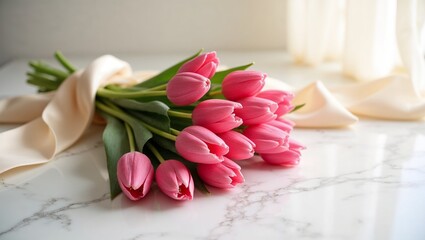 Vibrant Pink Tulip Bouquet with Ivory Silk Ribbon on Polished White Marble Countertop