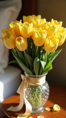 Vibrant Yellow Tulip Bouquet with Creamy Silk Ribbon in Crystal Vase on Polished Wooden Bedside Table