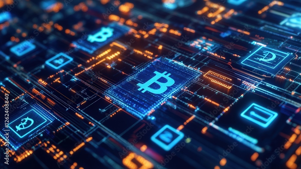 Poster a futuristic innovation center where teams design digital currencies and blockchain solutions that c