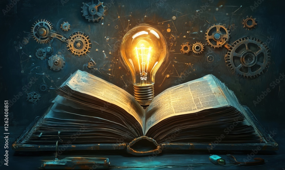 Poster illuminated book with light bulb and gears symbolizing knowledge and innovation