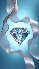 Radiant Cut Diamond Suspended in Flowing Iridescent Silk Ribbon Against Soft Blue Gradient Background