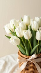 Ivory Tulip Bouquet with Sheer Silk Ribbon in Wicker Basket Against Soft Creamy Background