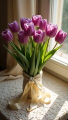 Elegant Purple Tulip Bouquet with Embroidered Ivory Silk Ribbon on Antique Lace Table Near Sunlit Window