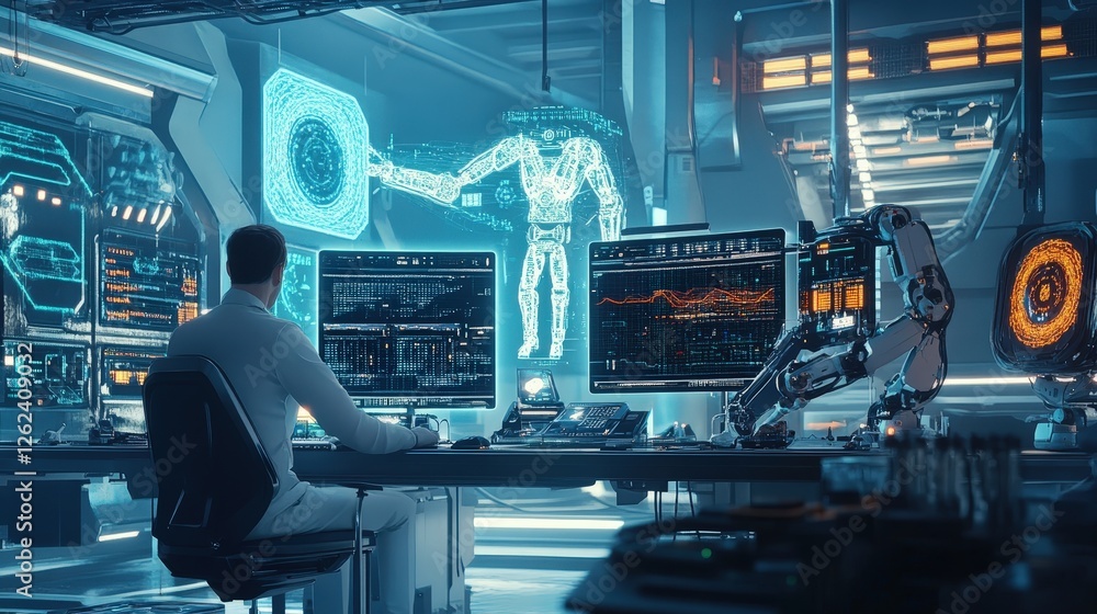 Poster a futuristic innovation lab where scientists and engineers use advanced robotics and ai to create th