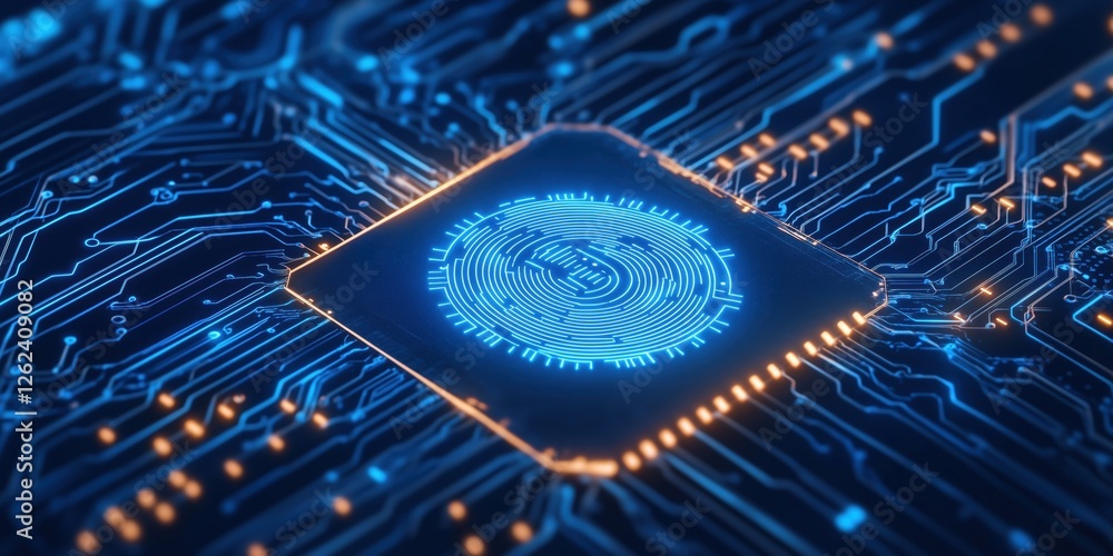 Poster futuristic microchip with glowing circuit patterns and digital currency symbol