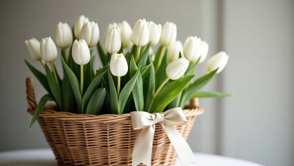 Wicker Basket with White Tulips, Earthy Tones, Elegance and Simplicity