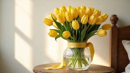 Bright Yellow Tulip Bouquet in Ornate Crystal Vase, Soft Natural Light, Rustic Elegance