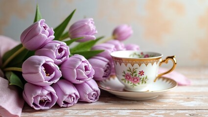 Lilac Tulip Bouquet with Silk Ribbon and Antique Porcelain Teacup, Vintage Elegance, Soft Pastel Tones