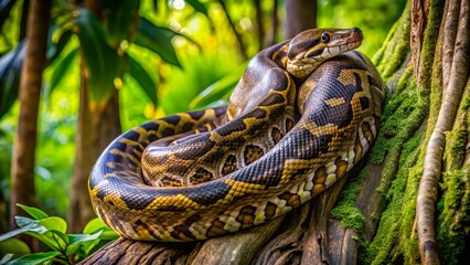 Fototapeta premium Beautiful Python Snake Relaxing on a Tree in Lush Green Jungle