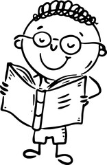 Cute outline cartoon child with glasses reading a book. Isolated character