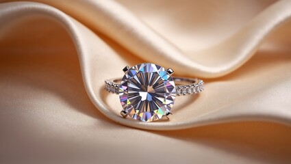 Brilliant-Cut Diamond on Luxurious Ombre Silk Ribbon, Indigo to Champagne, Elegance and Opulence
