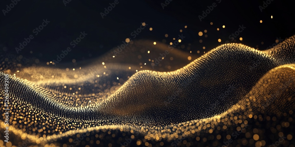 Poster golden particles flowing in abstract wave patterns creating a mesmerizing visual effect