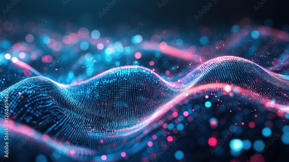 Poster a futuristic interface with holographic particles hovering in mid-air, forming complex data visualiz