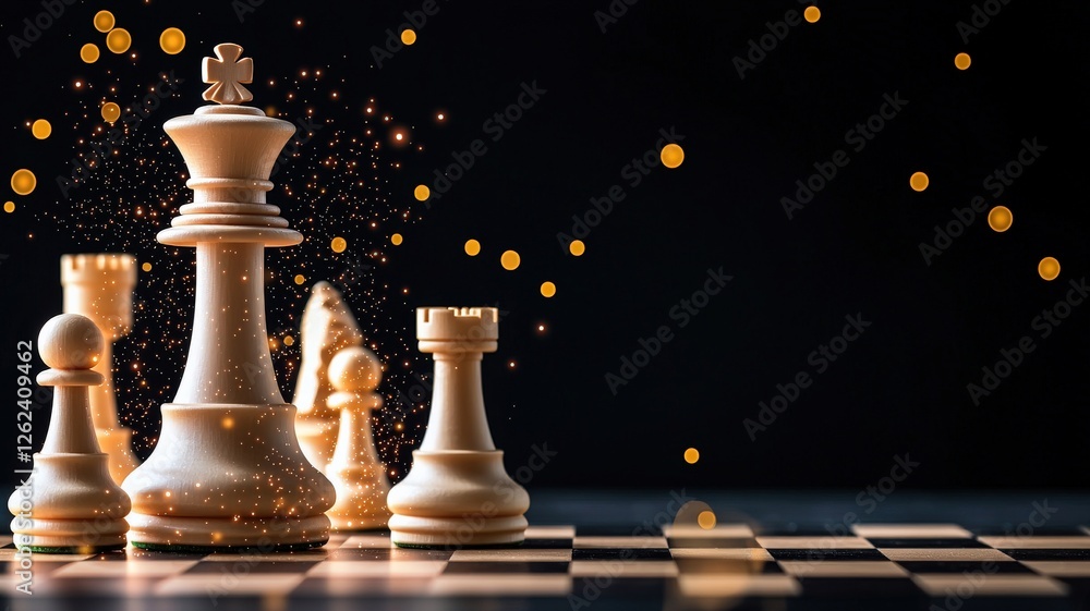 Poster potential strength strategy concept. chess pieces with a sparkling background on a chessboard.