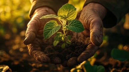 Elderly Hands Gently Holding a Young Plant in the Golden Hour Sunlight