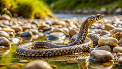 Fototapeta premium Snake Resting on Pebbles by Stream in Lush Green Environment