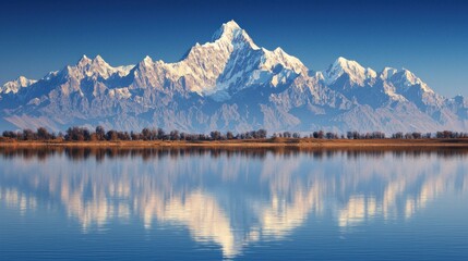 Naklejka premium Majestic mountain range reflected in calm lake, serene autumn landscape