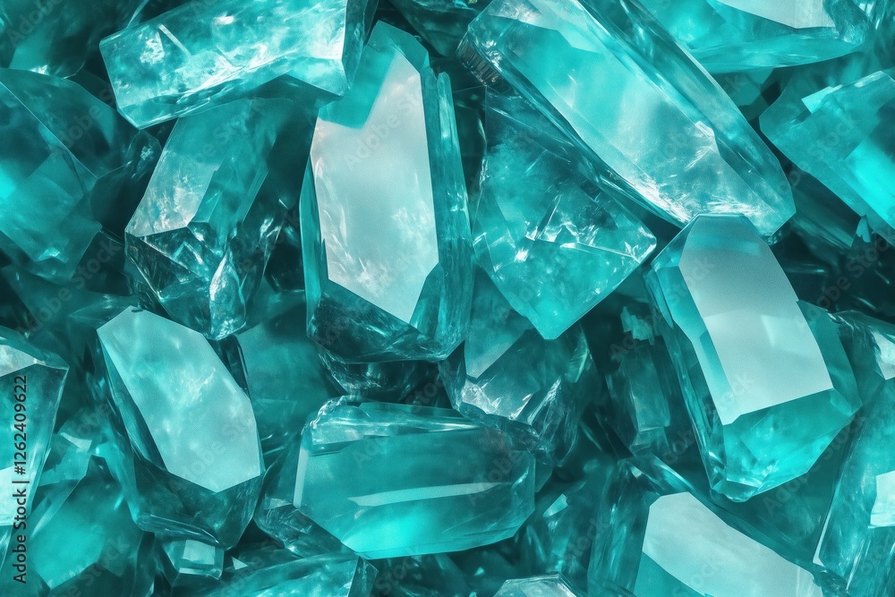Poster seamless aquamarine pile of sparkling turquoise crystals, showcasing their sharp edges and reflectiv