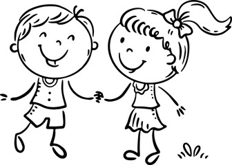 Hand drawn happy children holding hands, outline vector illustration