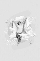 Photo cartoon picture 3d collage poster of pretty lady girl sit bed covered soft comfy blanket cozy bed sky isolated on painted background