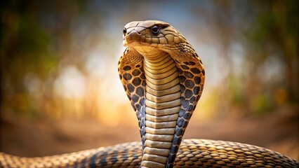 Fototapeta premium Majestic Cobra with Hood Raised Against a Soft Natural Background